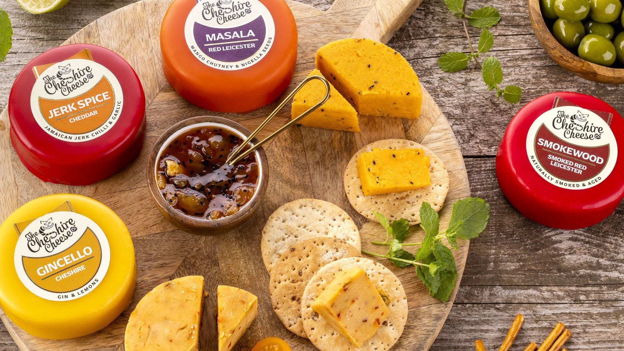 Cheese accompaniments including chutney, biscuits for cheese and olives