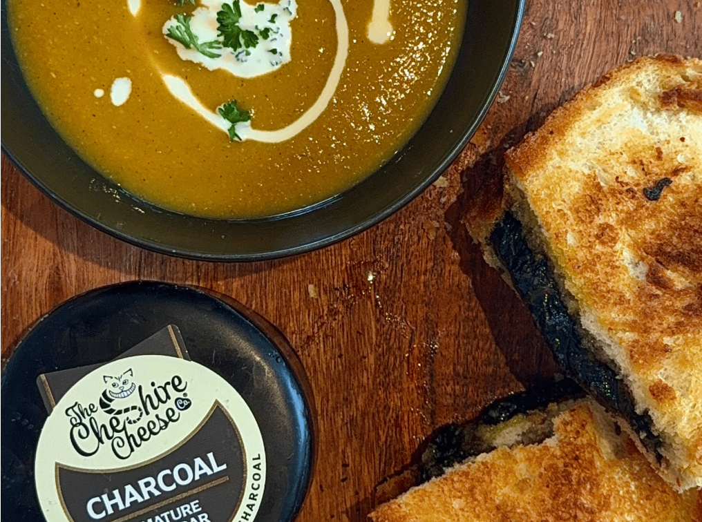 Seasonal Charcoal Cheddar Toastie with Pumpkin Soup