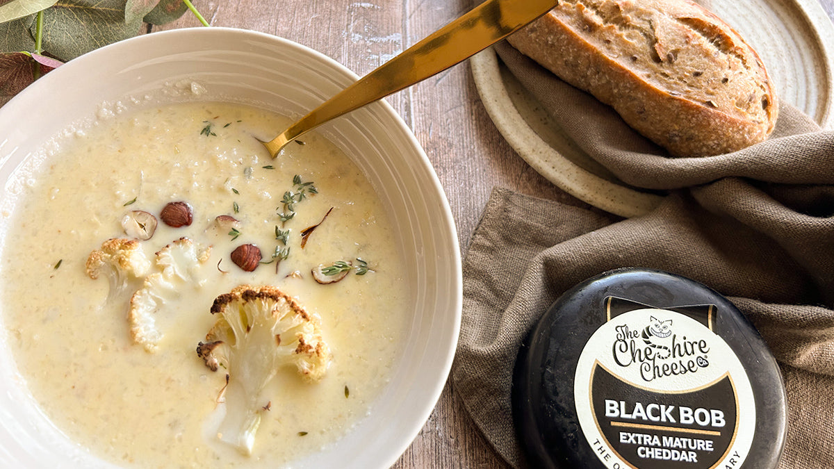 Roasted Cauliflower Cheese Soup featuring our Black Bob Extra Mature Cheddar
