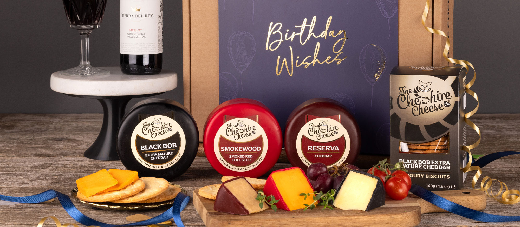 Birthday cheese hamper with waxed truckles, chutney and a bottle of wine