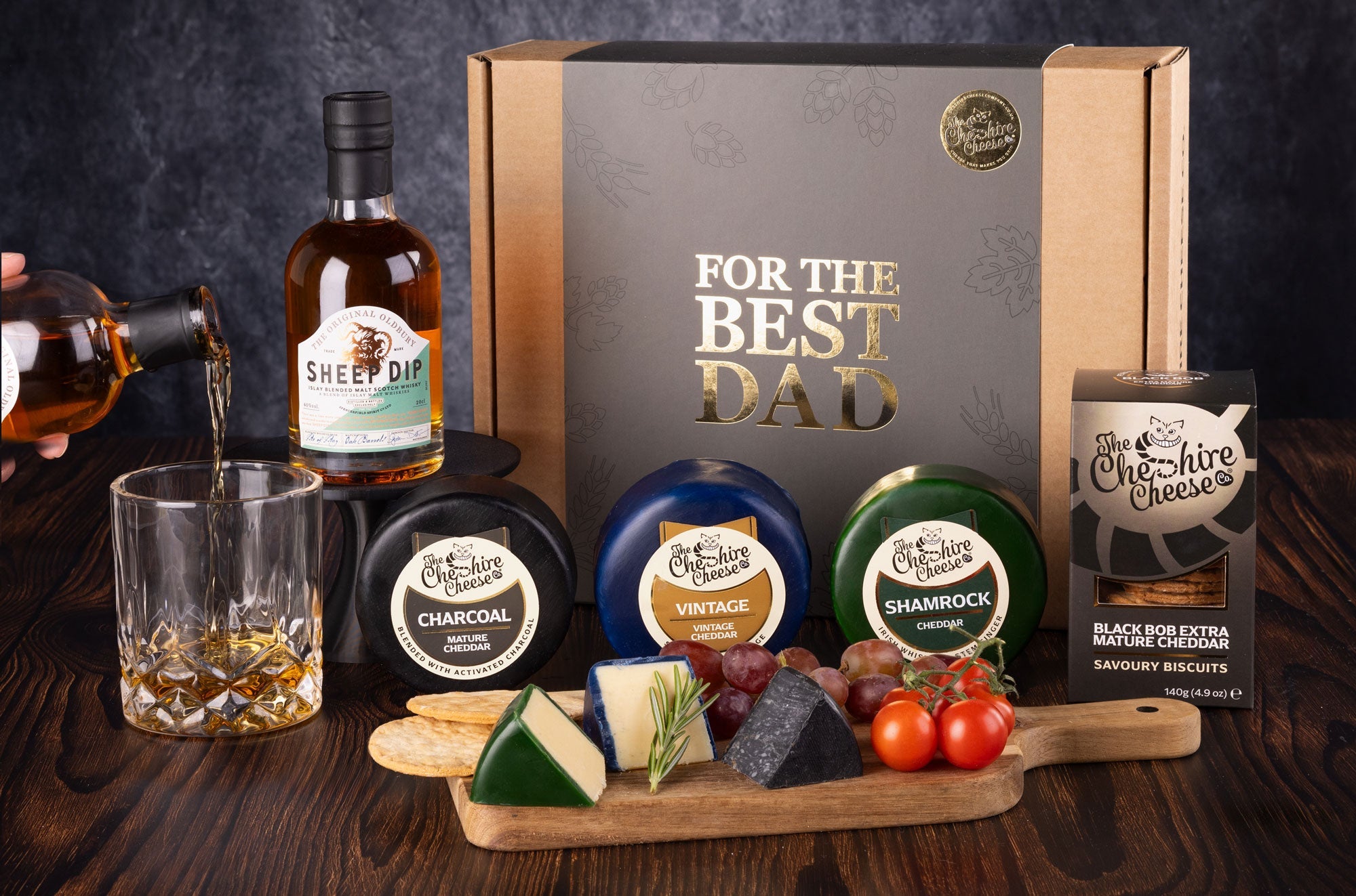 Father's Day cheese gift box with waxed truckles, chutney and a bottle of whiskey