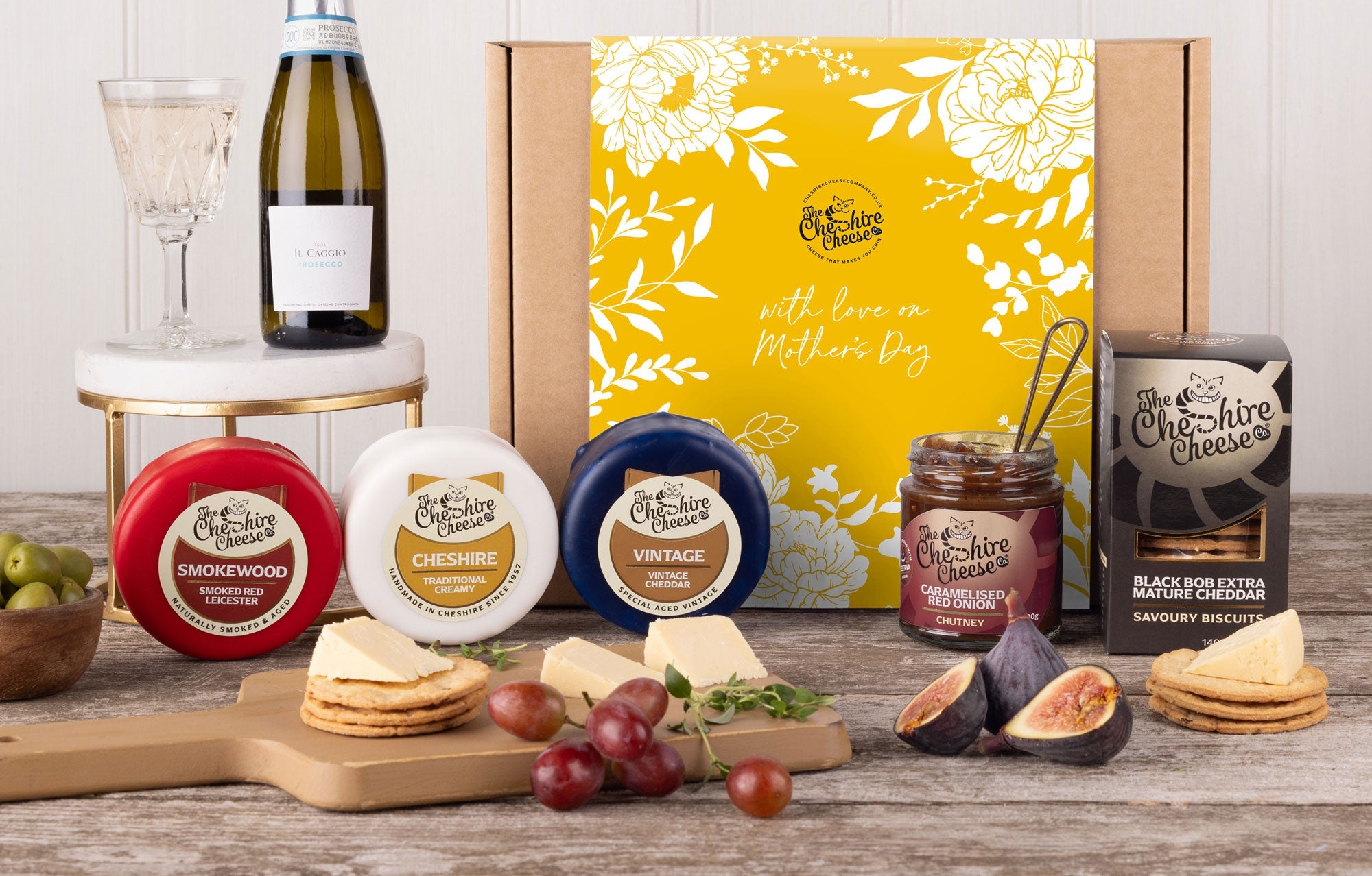 Mother's Day cheese hamper with waxed truckles, chutney and Prosecco